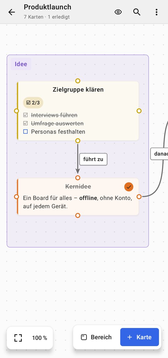 SuitedCanvas auf einem Android-Telefon: der Bereich Idee mit zwei Karten